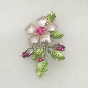 Vintage floral spray enamel textured rhinestone green pink brooch pin.